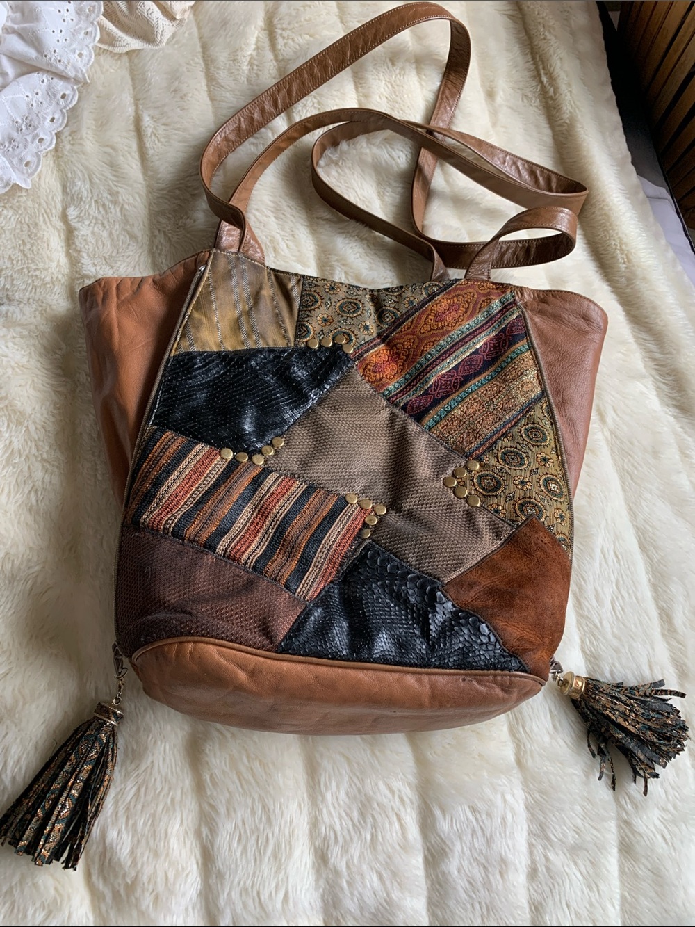 90s Sondra Roberts brown patchwork shoulder bag tote purse